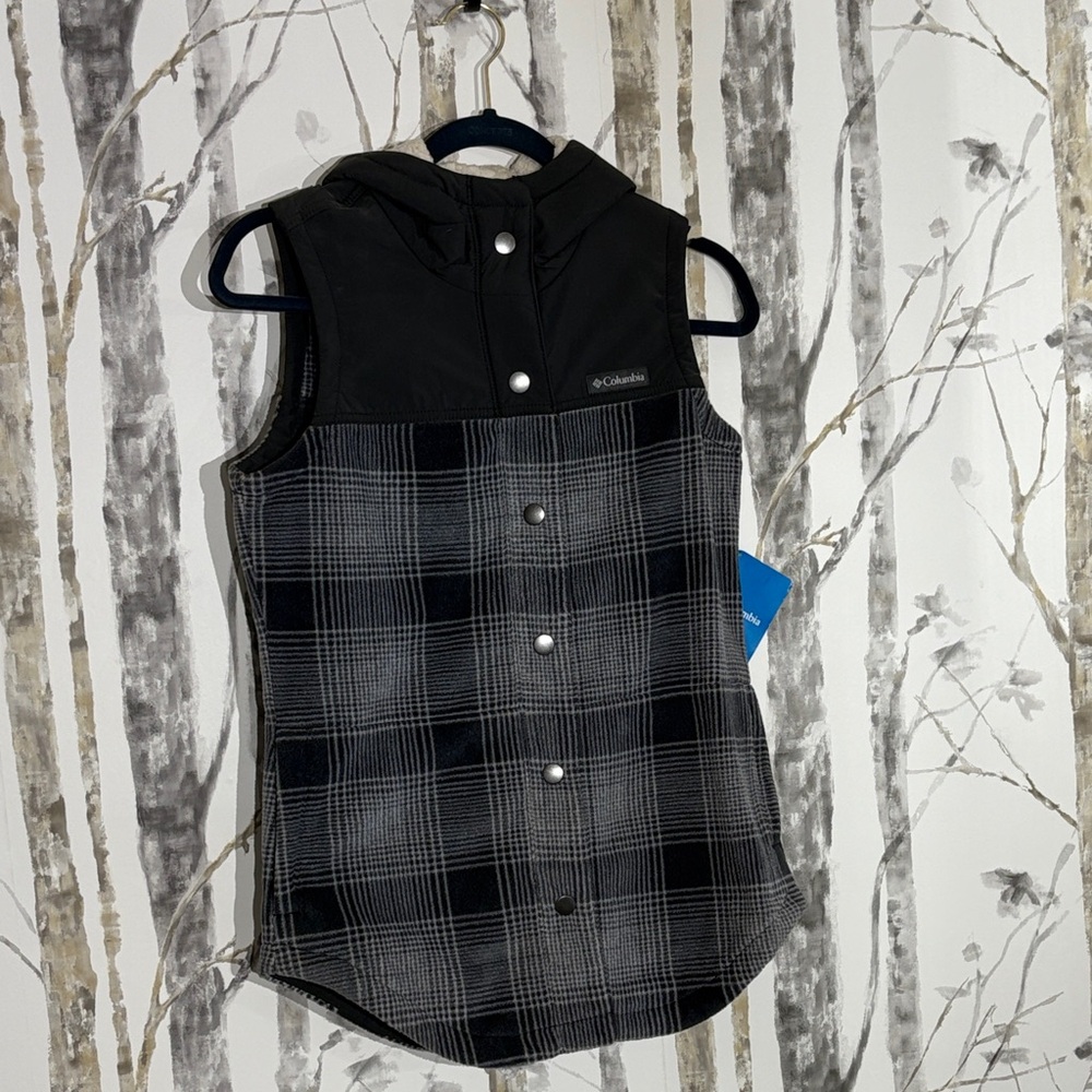 Columbia Black and Gray Checkered Hooded Vest
